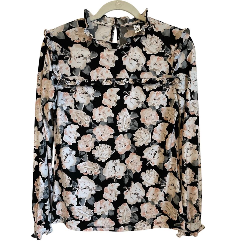 Karl Lagerfeld Ruffled Blouse Sz XS Long Sleeve Stretch Romantic Feminine Floral